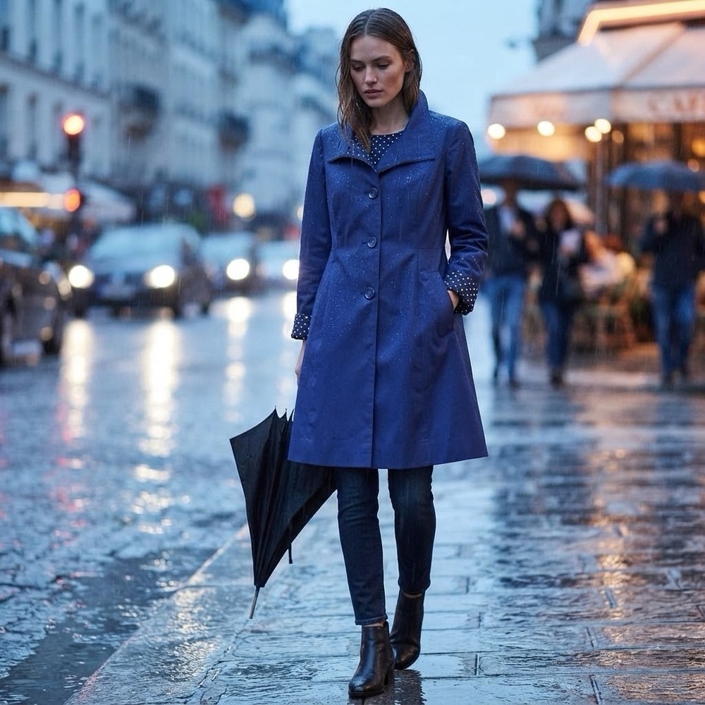 Pendleton Audrey Rain Coat Blue Polka Dot Lined Trench Coat TE025-82325 Small